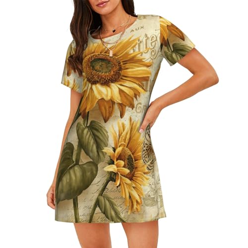 Chemise de nuit femme manches courtes imprimé tournesol rétro vêtement de nuit