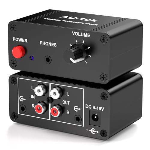 Phono Preamp, Mini Stereo Audio Preamplifier, Headphone Amplifier, Phonograph Preamp for Turntable Pre amp, Gain 20dB, Dual OP AMP NE5532, RCA 3.5mm Input to RCA 3.5mm Output