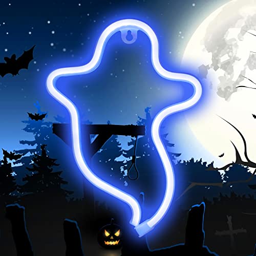 Vicila Ghost Neon Lights Halloween Decorations, Gothic Shaped Lamp USB/Battery Operated Night Lights for Bedroom, Wall, Festival, Party, Christmas Decor-Ghost(Blue)