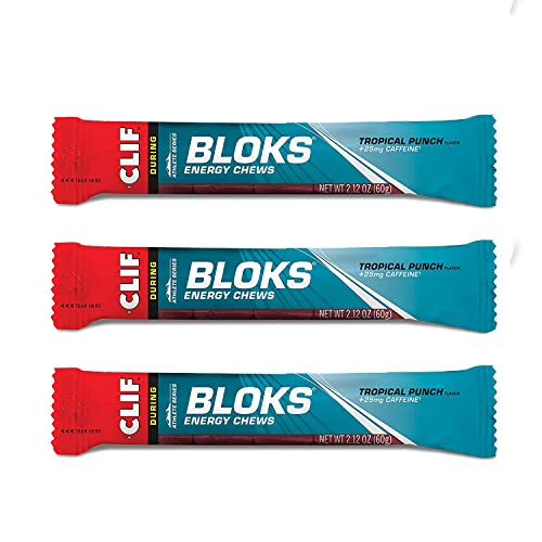 CLIF BLOKS – Energy Chews – Tropical Punch with 25 mg Caffeine- Non-GMO – Plant Based Food – Fast Fuel for Cycling and Running -Workout Snack (2.1 Ounce Packet, 3 Count)