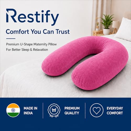 Image of Restify U-Shape Pregnancy Pillow for Women Sleeping | Full Body Maternity Pillow for Back, Hips, Legs & Belly Support | Removable & Washable Velvet Cover | Pink