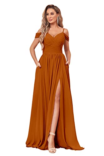 Image of BOLENSYE Off the Shoulder Bridesmaid Dresses with Pockets Ruched Chiffon Long Slit Formal Evening Gown