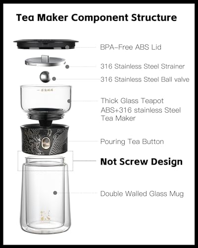 Image of ZENS Cool Glass Teapot with Infuser, Smart One Touch Tea Maker for Loose Tea Diffusers with Insulated Mug and Portable Tea Kits, Enchanted Teapot Alternatives for Tea Lover Gifts