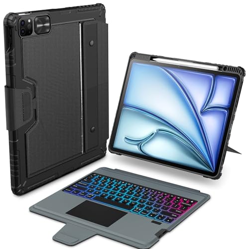 Nillkin iPad Air 11 Zoll Hülle mit Tastatur(M3 2025/M2 2024),Robuste Tastaturhülle mit Kamerabedeckung,Abnehmbar,Mehrstufige Verstellbar,Multi-Touch-Trackpad,7-Farben Hintergrundbeleuchtung,Schwarz