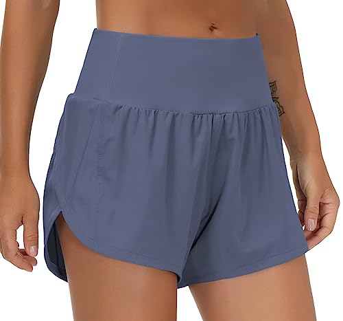 Image of THE GYM PEOPLE Women's High Waisted Running Shorts Quick Dry Workout Shorts | High Waist, Slim Fitted, Built-in Mesh Lined, Back Zipper Pockets, Lightweight, Breathable, Side Slit