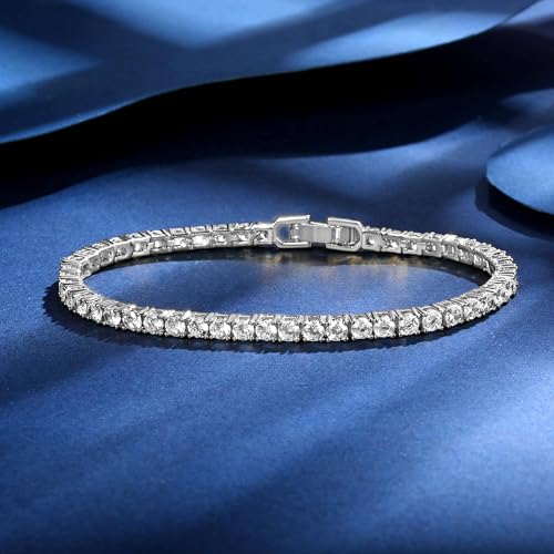 Gemsme 4mm Tennis Bracelets for Women, 18K White/Yellow Gold Plated Fold Over Clasp 4mm Round Cubic Zirconia Classic Tennis Bracelets for Women, Size 6-8 inch4
