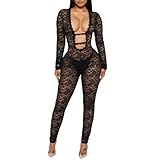 magorange Women Sexy Lace See Through Bodycon Jumpsuits Deep V Neck Long Sleeve One Piece Romper Club Outfits