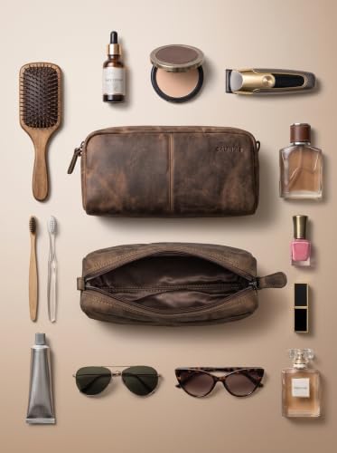 Image of Calfnero Genuine Leather Toiletry Bag for Men & Women | Premium Leather Travel-Pouch | Toiletry Organizer | Cosmetic & Shaving Kit Bag | Unisex Travel Dopp Kit (Hunter)