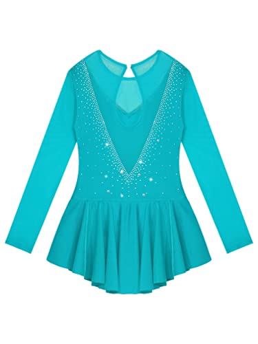 Agoky Kids Girls Figure Ice Skating Roller Skater Dress Ballet Dance Leotard Silver Glitters Long Sleeve Tutu Skirt Dancewear Lake Green 7-8 Years #TOP3