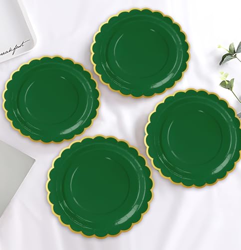 Image of HEIPINIUYE 50 Pieces Green Paper Plates with Gold Foil 9 Inch Disposable Green Scalloped Dinner Plates for Wedding Baby Shower Birthday Christmas Party Dessert Plate