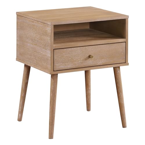 Image of OSP Home Furnishings Rena Mid-Century Modern Accent Table with Light Ash Finish, Side Table with Drawer and Shelf