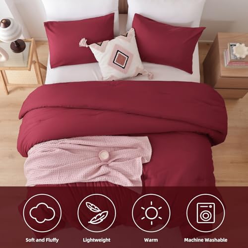Image of ROSGONIA Queen Comforter Set Dark Red,3pcs Bedding Comforter Sets(1 Boho Red Comforter & 2 Pillowcases) All Season Lightweight Bedspread Blanket Quilt