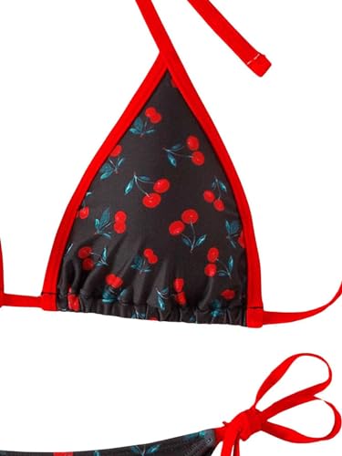 WDIRARA Women's Cherry Print Halter Swimsuit Contrast Binding Bikini Set Two Piece Tie Side Bathing Suit3