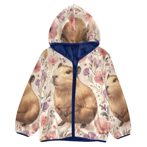 Cute Guinea Pig Floral Toddler Fleece Jacket Girl Boys Hooded Fleece Jacket Coat Warm Outwear Zip-up 3-10T