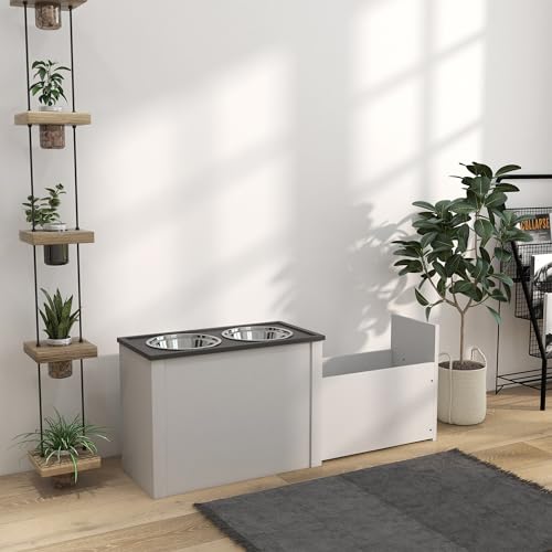 PawHut Erhöhter Hundenapf Futternapf mit Ständer Wassernapf 2 x 2L Edelstahlnäpfen Langsamfutternapf für Große Hunde, Weiß