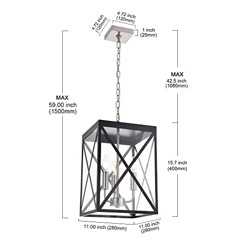 Melucee Outdoor Pendant Light Black Finish, 3-Light Exterior Hanging Light Fixtures Ceiling Lantern Front Door Porch Light With Clear Glass, Brushed Nickel Socket #TOP3