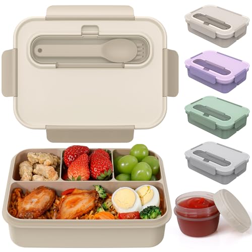 Caperci Bento Box Adult - 50 oz Large Lunch Containers for Adults and Teens, 4-Compartment Bento Lunch Box with Utensils & Leak Proof Sauce Cup, Dishwasher Safe, Durable, BPA-Free (Mocha)