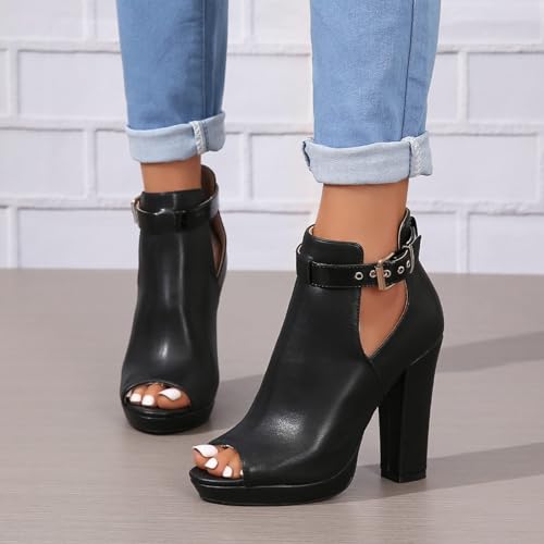 ZDLJYL Women's Open Peep Toe Booties Cutout Side Strap Mid Black Chunky Heel Fashion Ankle Bootie Summer Travel Sandals for Women2