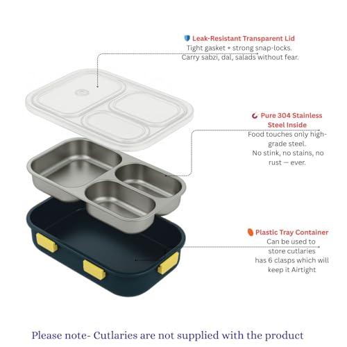 Image of La' Forte Spring Bento Lunch Box | 900 ml | 3-Compartment | 304 Stainless Steel Inner | Leak-Resistant Lid | Microwave-Friendly | School & Office Tiffin | Pink /Blue (Blue)