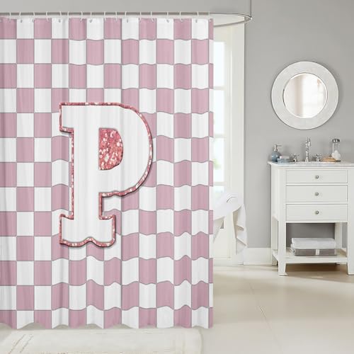 Image of Erosebridal Pink Initial P Shower Curtain 72 inch Wx72 L Kawaii Plaid Checkered Bathroom Curtain Cute Personalized Monogram Bathroom Accessories for Kids Girls,Fashion Grids Gingham Shower Decor