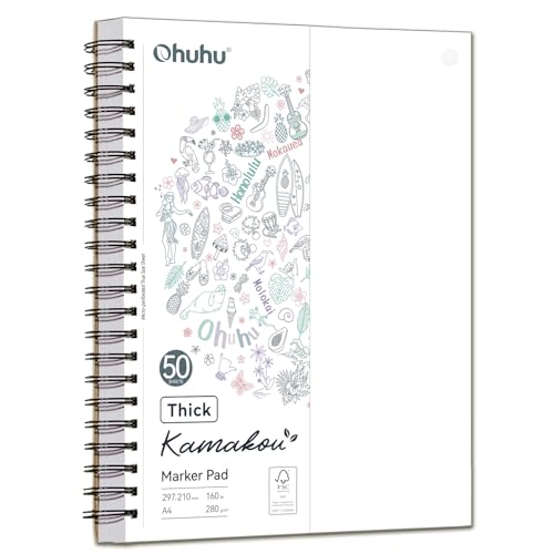 Image of Ohuhu A4 Double-Sided Bleedproof Sketchbook 280 GSM | Super Thick Paper, 50 Sheets (100 Pages), Spiral Bound A4 Marker Pad for Alcohol Markers, Ink & Watercolour