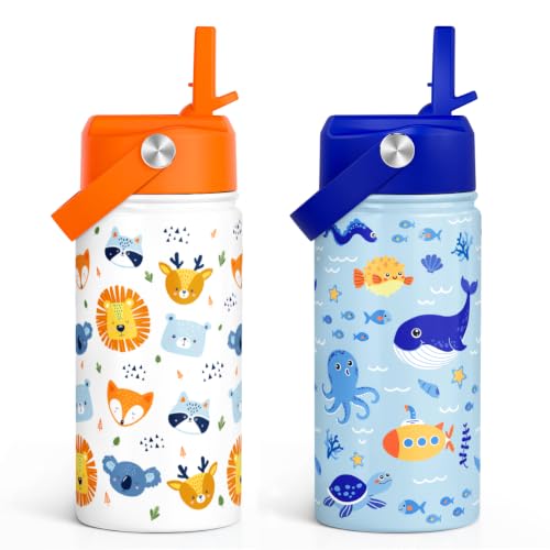 SANDJEST Kid Water Bottle 12oz with Straw Lid - 2-Pack Insulated Stainless Steel Water Bottles for Kids Girls - Travel Cup for Back to School Sports Christmas Birthday (Animals & Sea Animals)