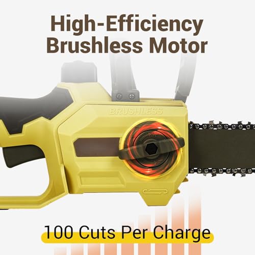 Image of 12 Inch Mini Cordless, Automatic Chain Tension, Mini Cordless Handheld Chainsaw, 20V Chargeable Cord Less & 2.0AH Battery and Charger for Home (Yellow)