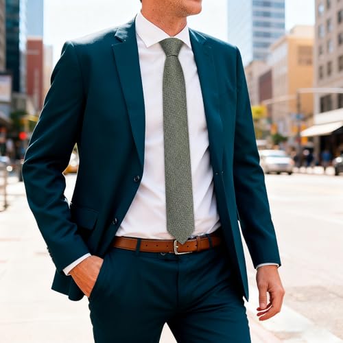 Image of Barry.Wang Skinny Ties for Men Wool Blend Herringbone Necktie with Tie Clip | Tie and Tie Clip Set, Cashmere Wool Stripe, 2.76 x 63 Inches, Extra Long Slim, Wedding Work Party Classic