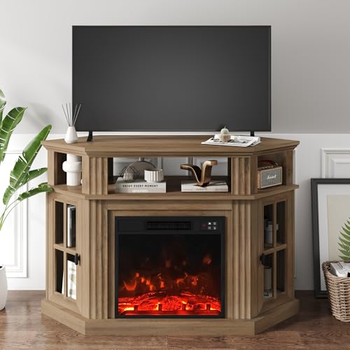 Image of YESHOMY Corner Fireplace TV Stand for Television up to 55 inch with Storage Cabinets, Entertainment Center, Media Console for Living Room, Bedroom, Brown