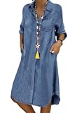 CHARTOU Women Long Sleeve Denim Button Up Shirt Dress Midi Jean Tunic Shift Dress (XX-Large, Blue)