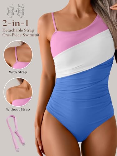 Image of Aidonger One Shoulder One Piece Swimsuit for Women Tummy Control Bathing Suits Color Block Ruched Swim Suit Slimming Swimwear