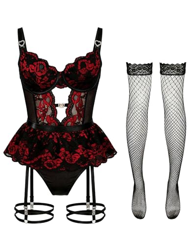 Image of Lace Garter Lingerie Set Underwire Push Up Lingerie Set Stockings