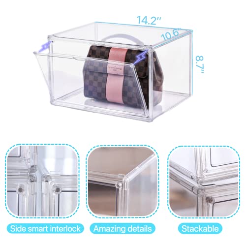 Zllzuu Purse And Handbag Storage Organizer For Closet, Clear Acrylic Display Case For Collectibles, 3 Pack Plastic Storage Boxes With Magnetic Door For Wallet, Cosmetic, Toys (Large Door) #TOP4
