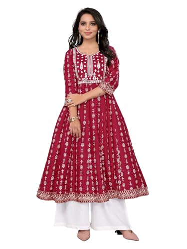 Image of rangita Women Rayon Regular Fit Embroidered Calf Length Anarkali Kurti | Kurta