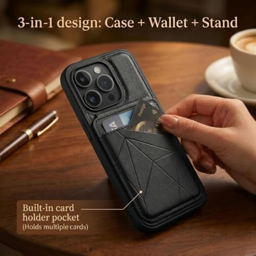 Image of amazon basics Premium Vegan Leather Back Cover with Card Holder and Integrated Mobile Stand for iPhone 15 Pro - Slim Shockproof Wallet Case with Geometric Stitching [Black]