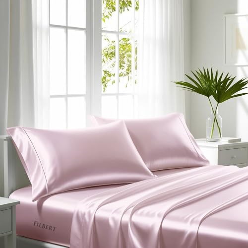 Image of Filbert Satin Bedsheet King Size with Pillow Covers | Silken Satin Nights Where Comfort Meets Glamour | Midnight Luxe Satin Dreams Collection | 92x108 Inch Baby Pink