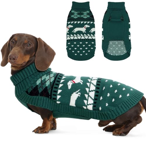 Hjyokuso Dackel Pullover M, Süßer Hundepullover mit Dackelmuster, Rollkragen Strickpullover für kleine Hunde, Weicher Winter Hundemantel, Weihnachten & Geburtstag Grün