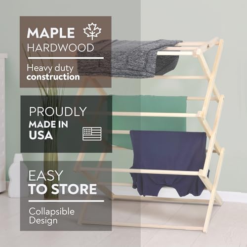 Image of Pennsylvania Woodworks Premium American Maple Clothes Drying Rack - Handcrafted in Pennsylvania - Solid Wood Construction, Collapsible, Eco-Friendly Laundry Solution (Large)