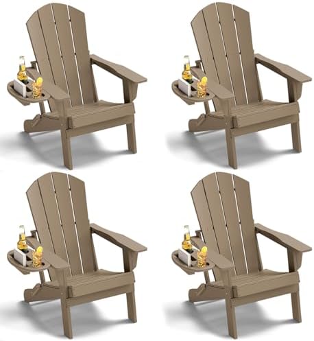NAVINE Adirondack Chair Set of 4, HDPE Folding Adirondack Chair with Multifunctional Cup Holder, Weather Resistant Fire Pit Chair for porches, patios, poolsides, Decks.