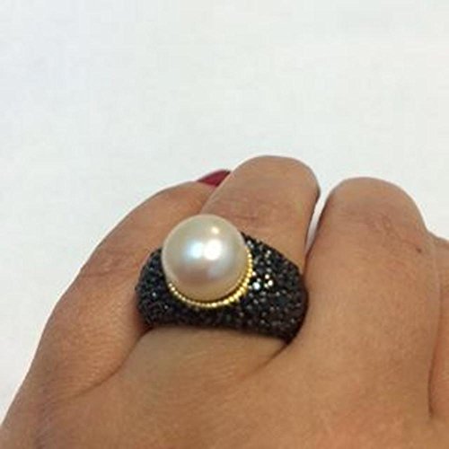 Bague plaquée or perle d'eau douce blanche véritable et zircone cubique noire chic