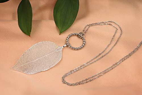 Bermeio Silver Leaf Long Necklace For Women. Circle Pendant & Leaf. Gift For Her. Birthday Gifts For Women. #TOP3