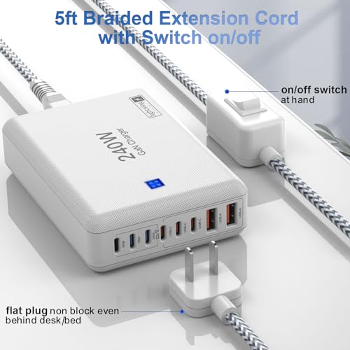 Image of USB C Charger Block 240W, 8-Port Charging Station for iPhone /Ipad /MacBook, 6C2A PD GaN Charger Box, USB Tower Hub with Flat Plug, Travel Essentials