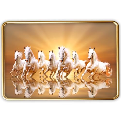 Image of Vastu 7 Seven Running Horse Photo Frame, Golden Slim Frame, Sparkle Coated Lamination, 30x45 cm (Design 5)