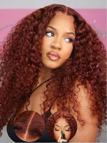 Image of KLAIYI Bye Bye Knots Glueless Wig Reddish Brown Curly Pre Cut 7x5 Lace Front Wigs Human Hair Drawstring Pre Plucked Bleached 30S Ready to Wear and Go Wig Water Wave Beginner Wigs with Baby Hair 26Inch