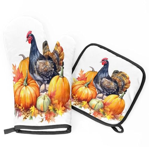 Turkey Pumpkin Watercolor Oven Mitts Kitchen Oven Gloves for Cooking Baking Heat Proof Lining Cotton Kitchen Potholder Mittens Pot Holders Hot Pads for Chef Women Men