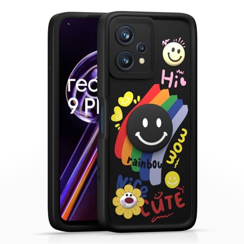 Image of Pikkme Back Cover for Realme 9 4G / Realme 9 Pro Plus 5G | Soft Silicone| Cute Rainbow Smile & 3D Cartoon Flower Design | Shockproof Raised Camera Protection Bumper Case (Black)