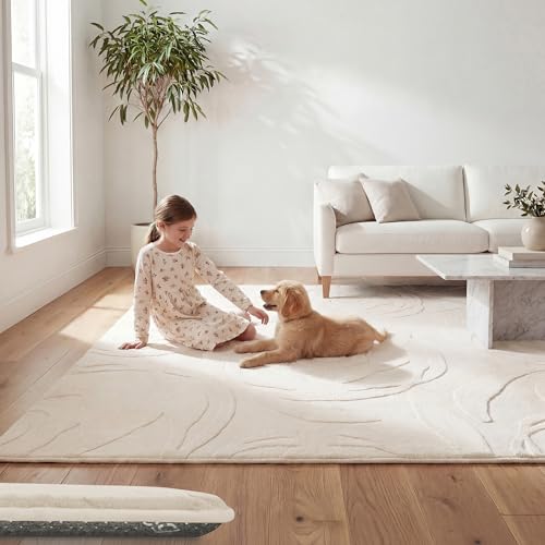 1.3" Thick Plush Floral Area Rug 79x118 Inch, Large Fluffy Faux Fur Rose Jacquard Shag Carpet, Soft Non-Slip Floor Rug for Bedroom, Living Room (Ivory)
