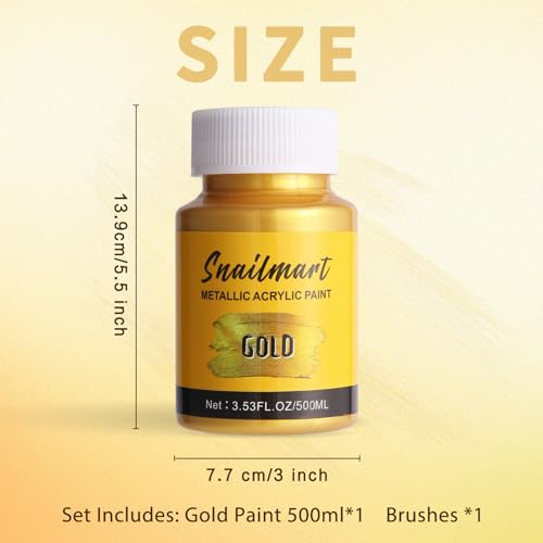 Image of 500ml Acrylic Paint Metallic Gold with 1 Brushes,Gold Leaf Paint for Art Painting, Hand-crafts, Non-Toxic, Non-Fading for Canvas, Wood, Fabric, Ceramic, Stone Craft Supplies