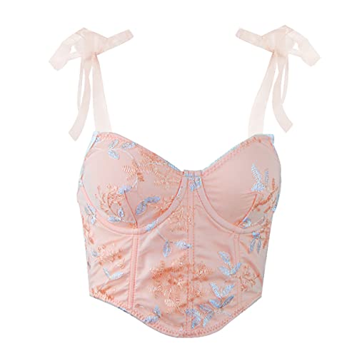 Swbreety Women's Floral Lace Cami Crop Top Bow Tie Strap Bustier Back Hook And Eye Corset Tops #TOP18