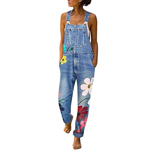 semen Damen Jumpsuit Sommer Lang Ärmellos Overall Elegant mit Blumen Latzhose mit Taschen Lässig